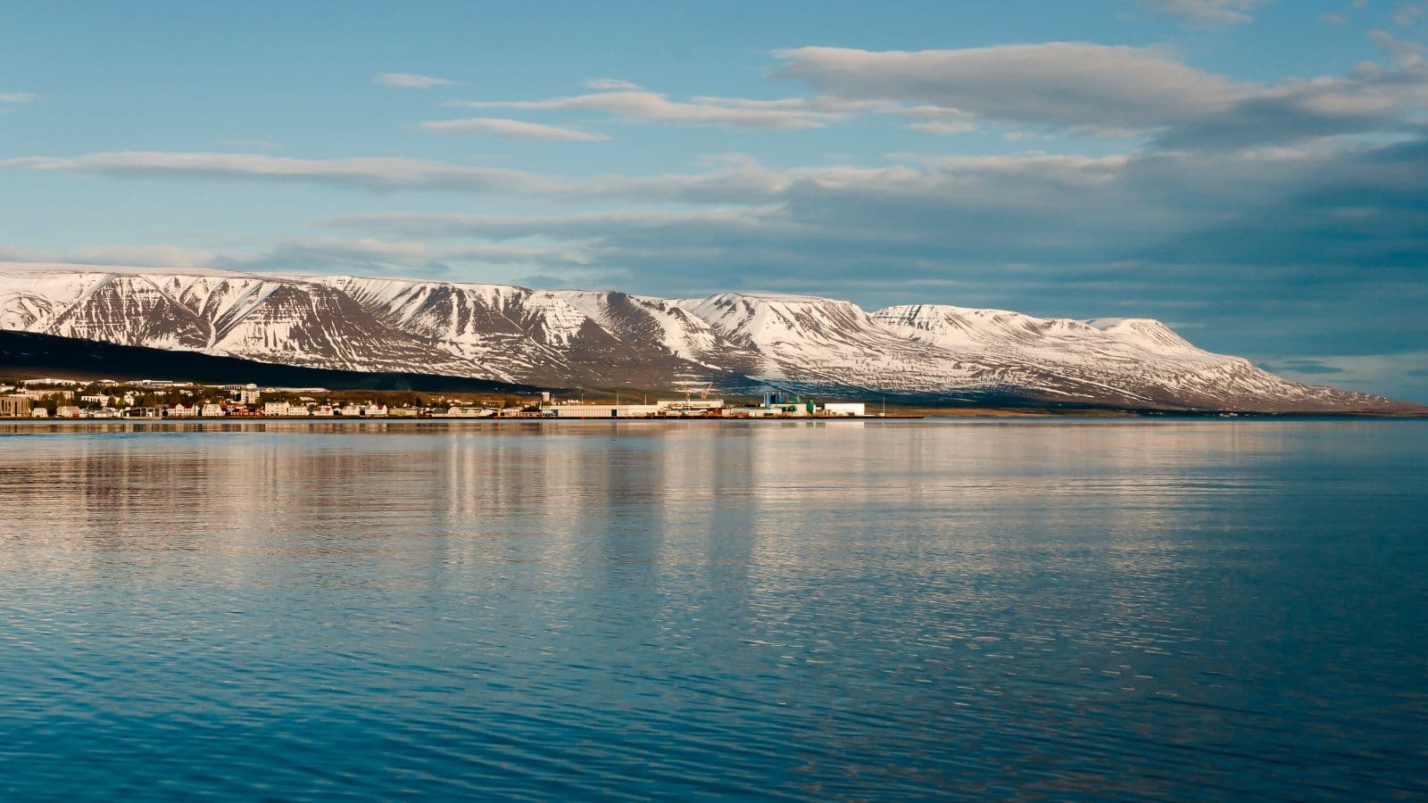 A waterfront view of Akureyri, Iceland.