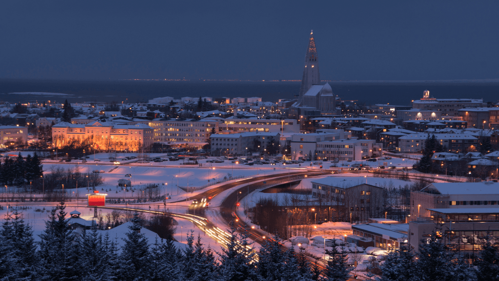 Aerial view of Reykjavík in winter.