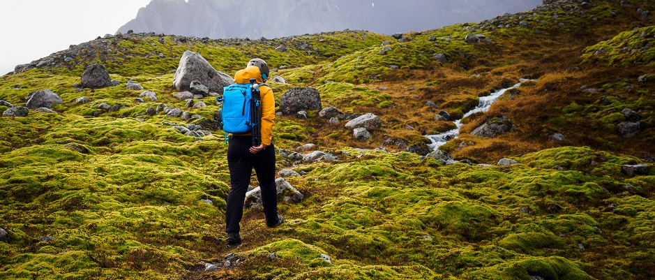 Hiking in Iceland on mossy rocks