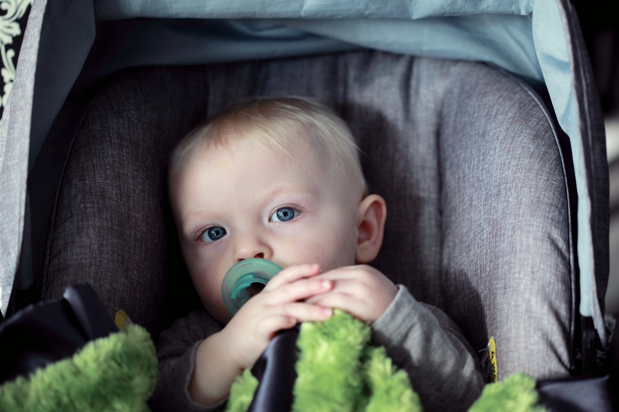 Young child sitting in car sat with a fluffy green toy.