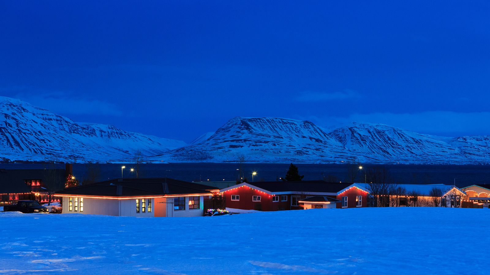 Houses decorated for Christmas in Iceland.