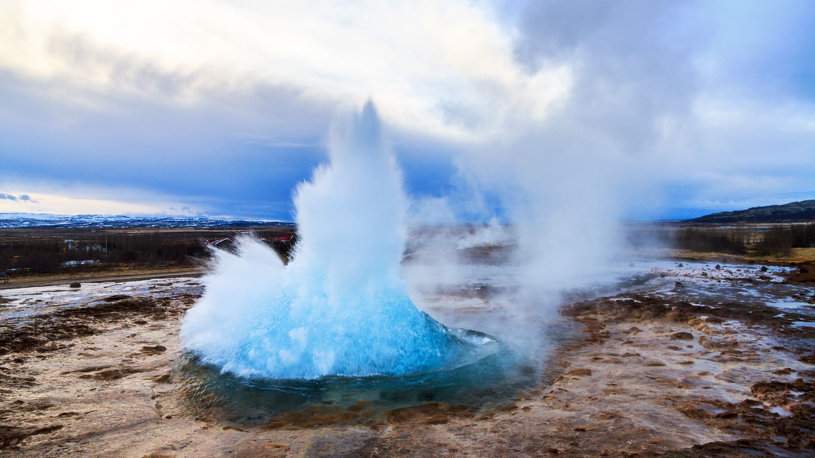 Erupting geyser at Geysir Geothermal area in Iceland. 