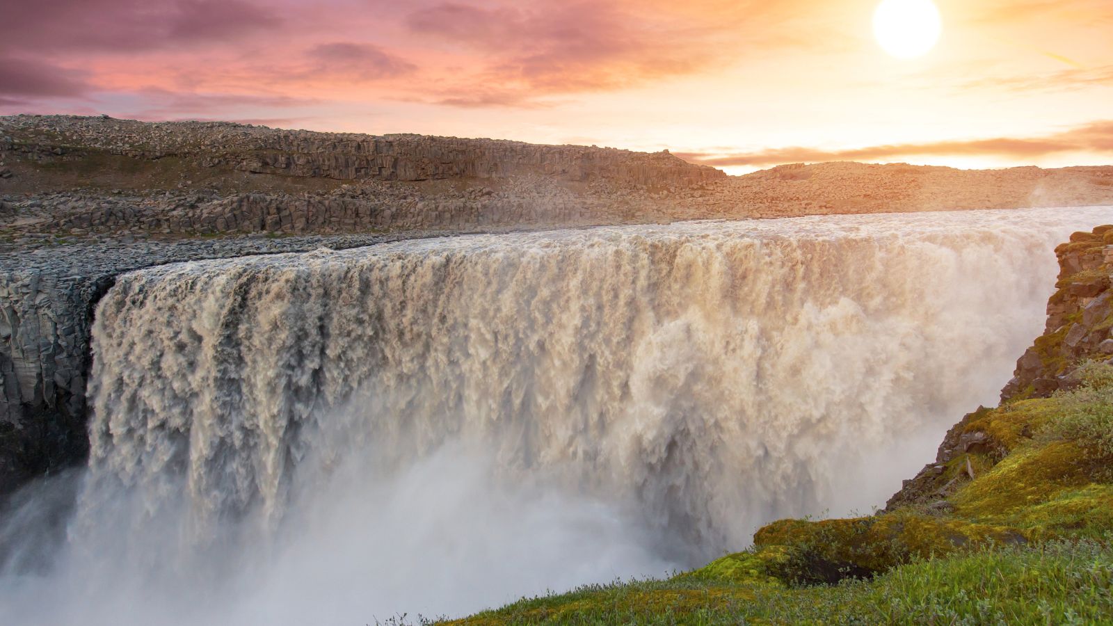  Dettifoss waterfall, Iceland, at sunset.