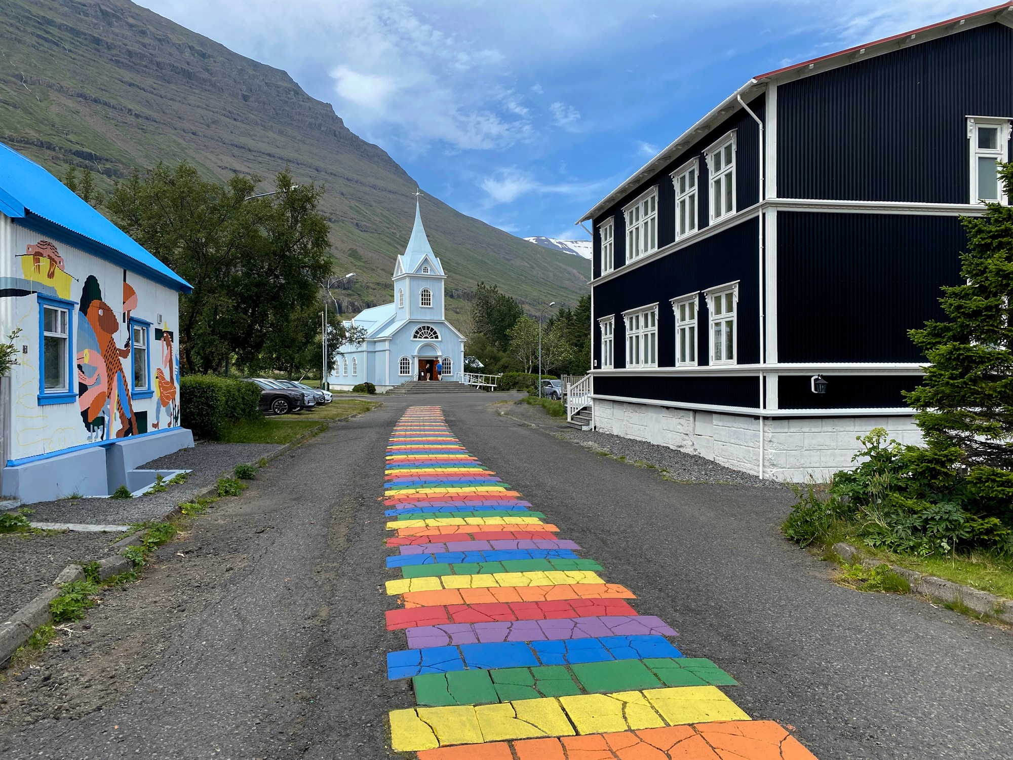 Rainbow pathway in Seydisfjordur in Iceland.