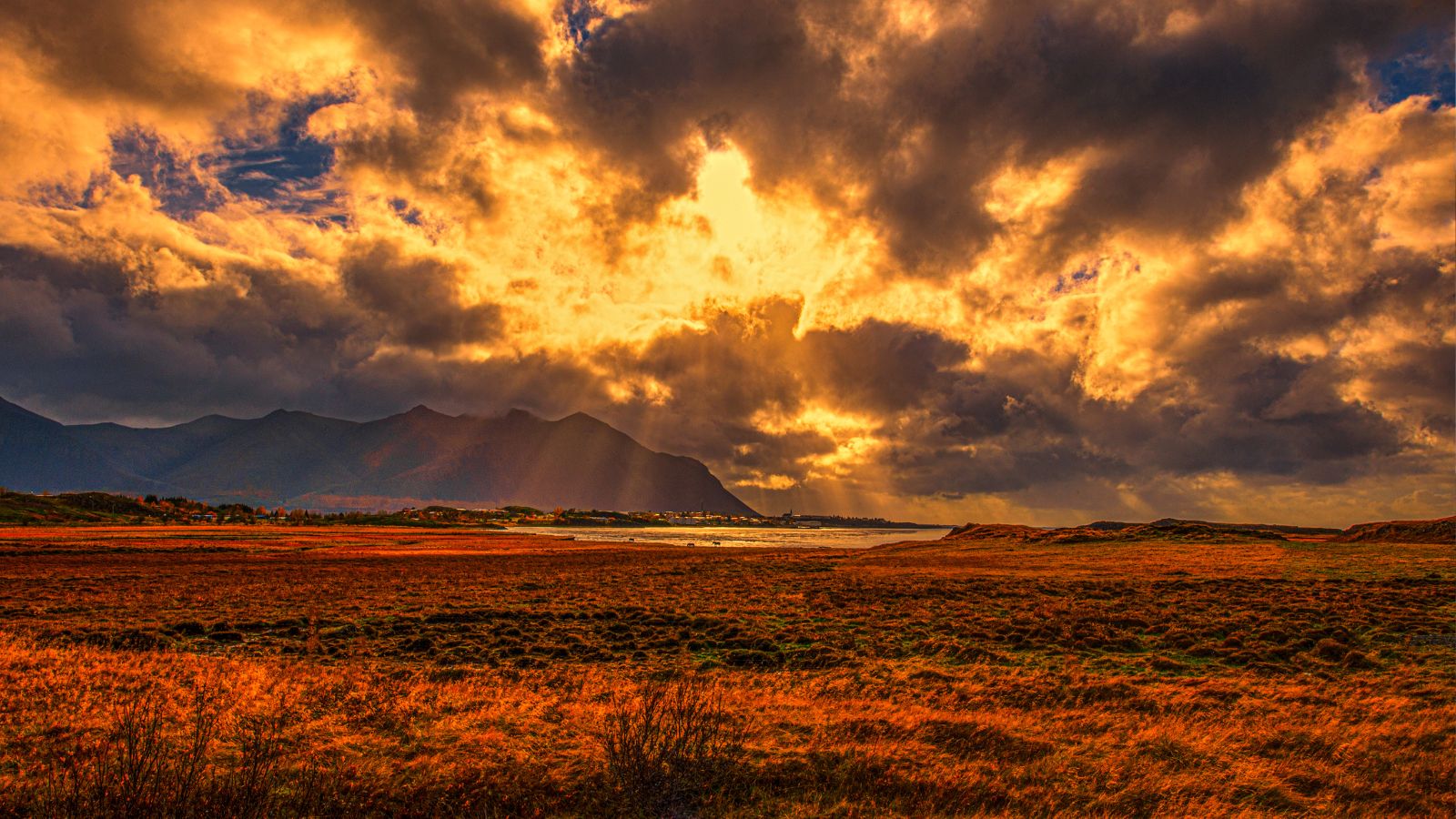 Golden sunlight coming through the clouds in Iceland.