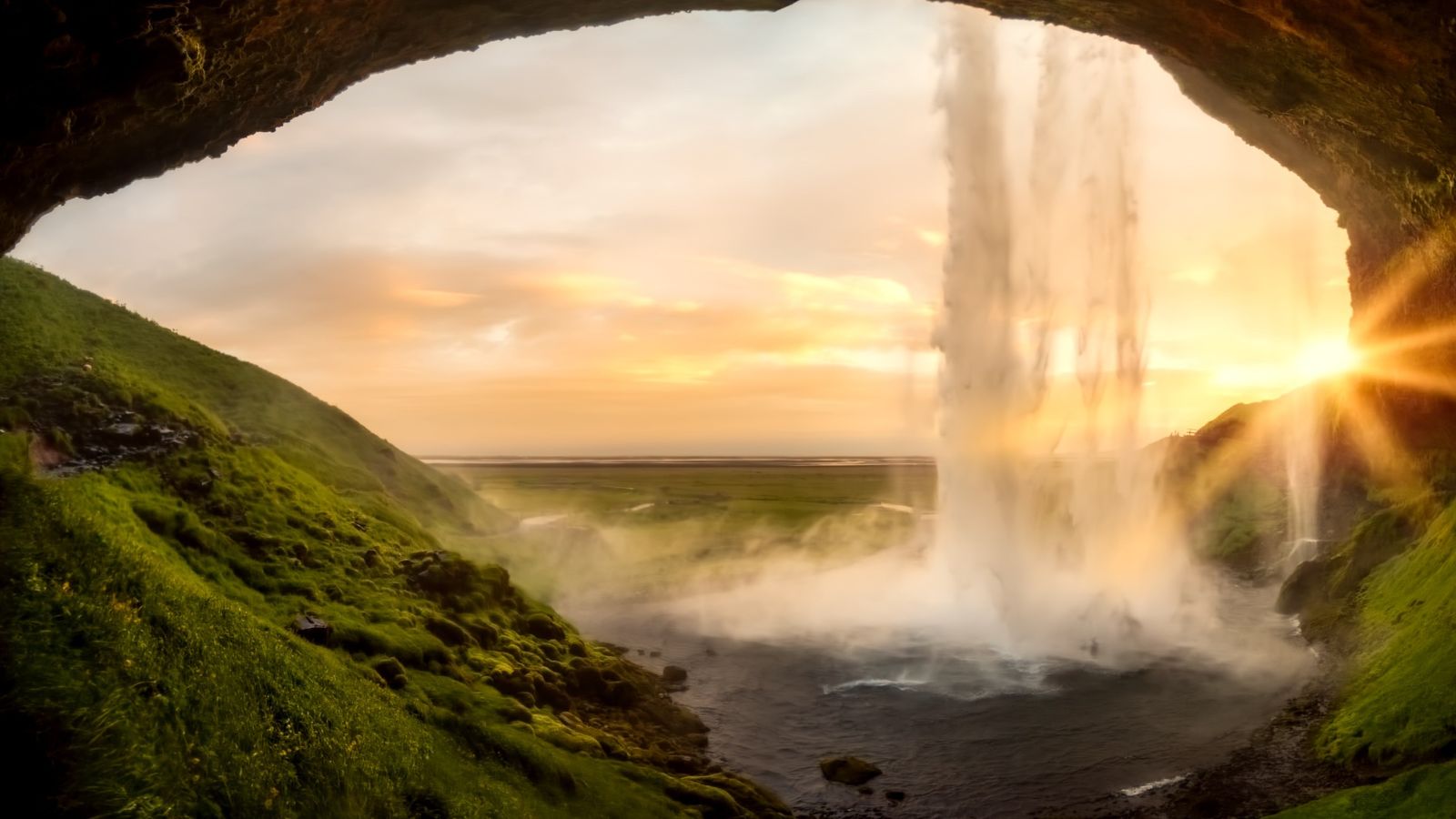 Seljalandsfoss under the Midnight Sun in Iceland.