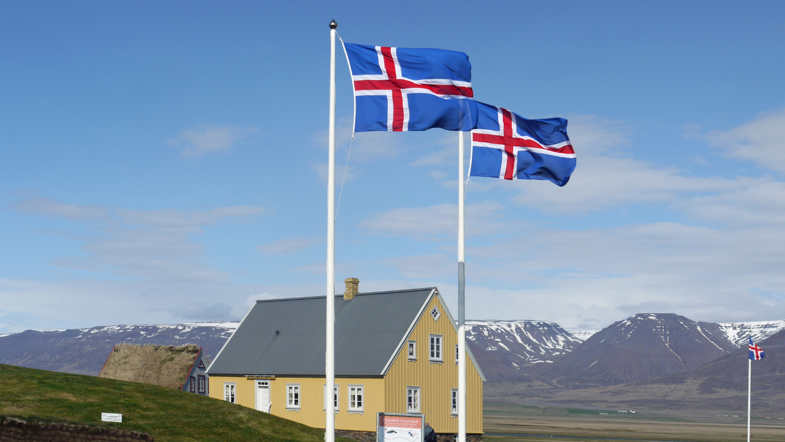 Iceland flags on poles flying in front of snow-covered mountains.