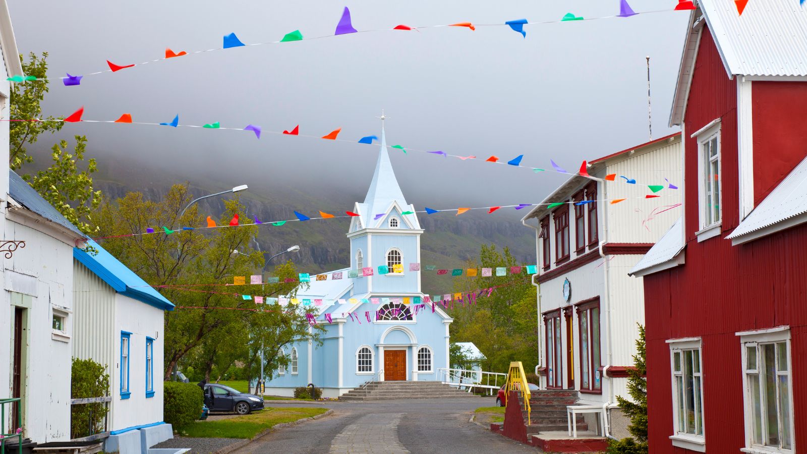 The famous blue church in the Icelandic town of Seyðisfjörður.