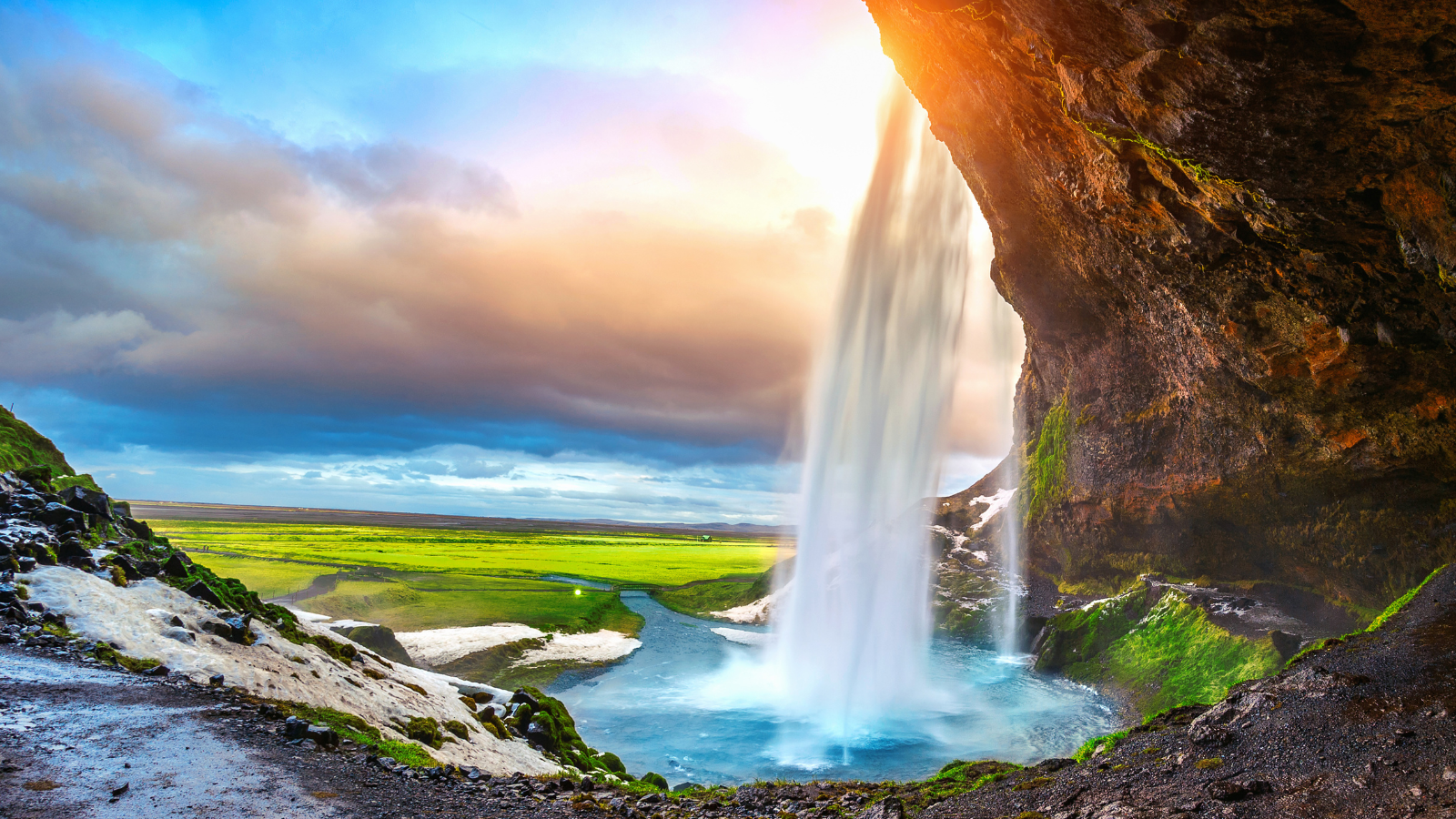 Seljalandsfoss waterfall during the sunset, Beautiful waterfall in Iceland.