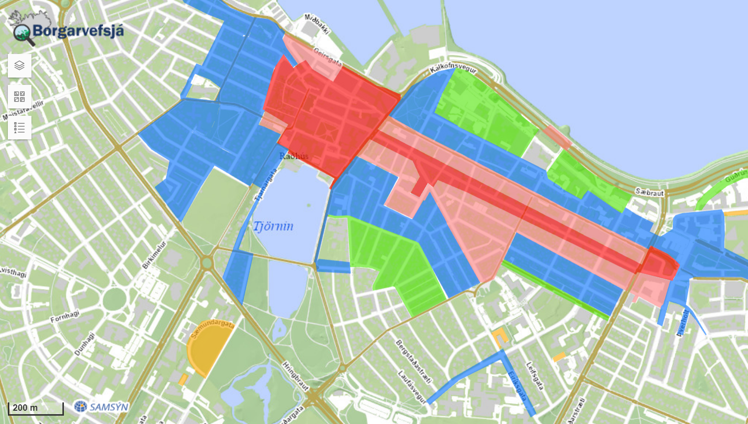 Coloured areas of different parking tarriffs in Reykjavik.