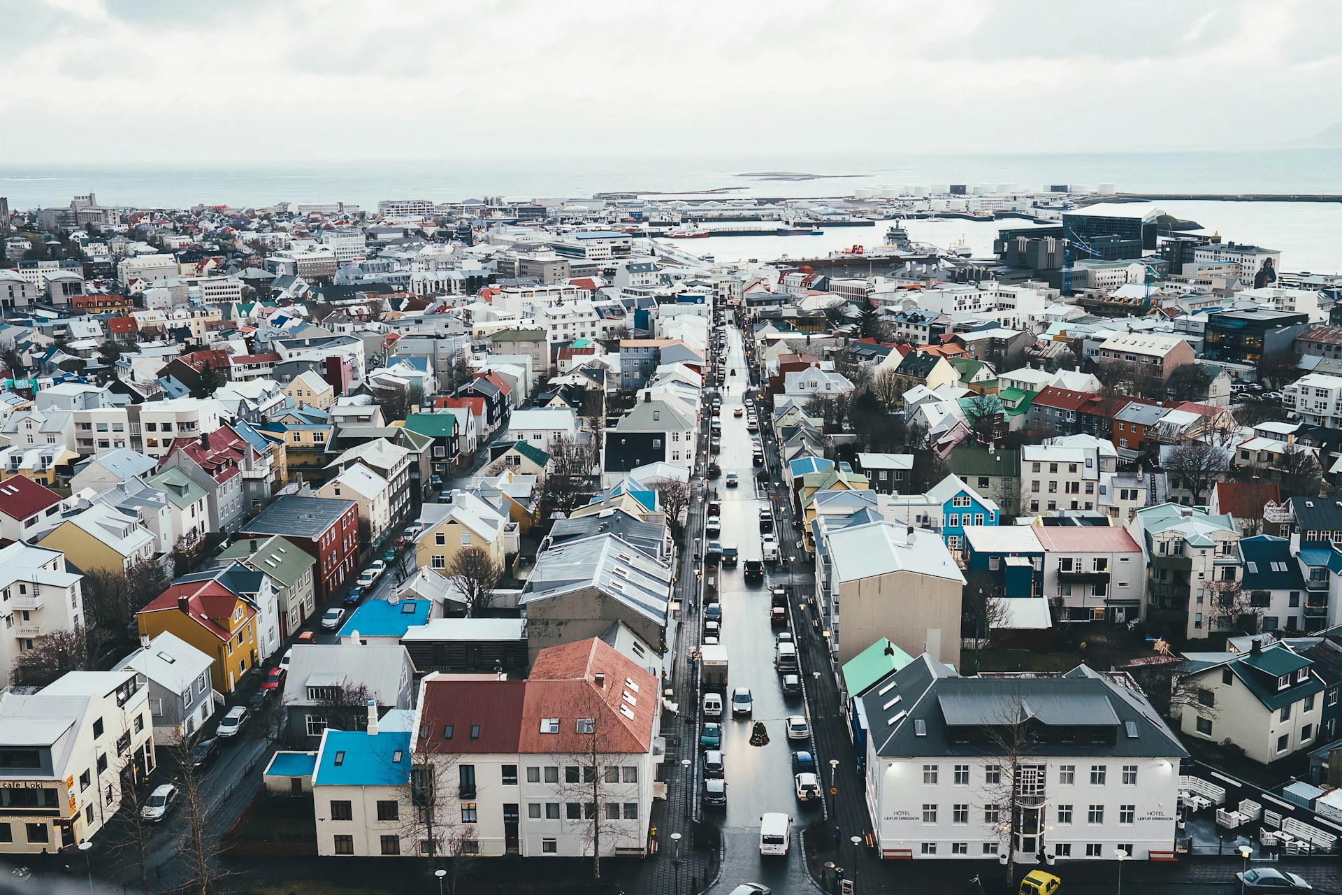 Aerial view of Reykjavík and coastline from above