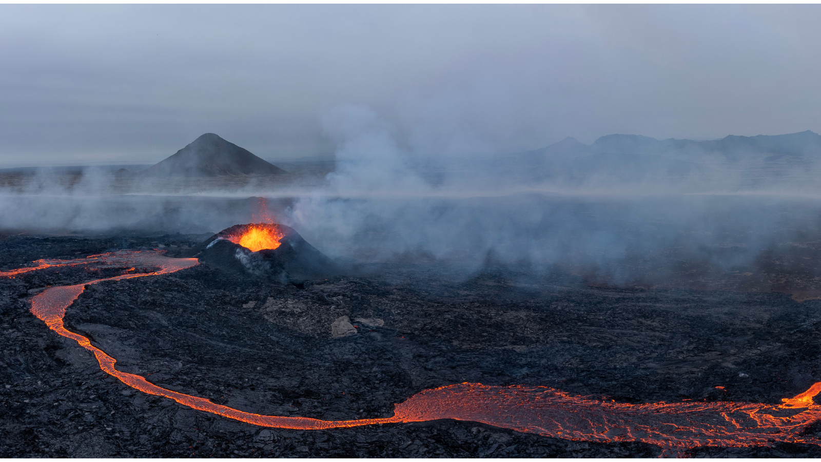 Aerial panoramic view of Litli-Hrútur volcanic eruption in Reykjanes Peninsula, Iceland.