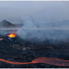 Aerial panoramic view of Litli-Hrútur volcanic eruption in Reykjanes Peninsula, Iceland.