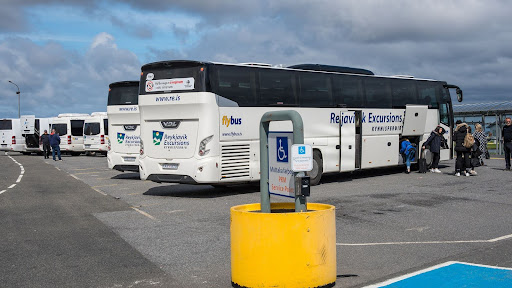 Shuttle buses outside of Keflavík Airport.