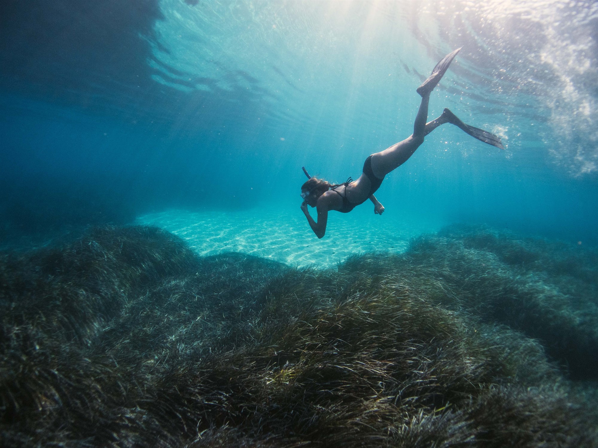 Woman snorkelling underwater.